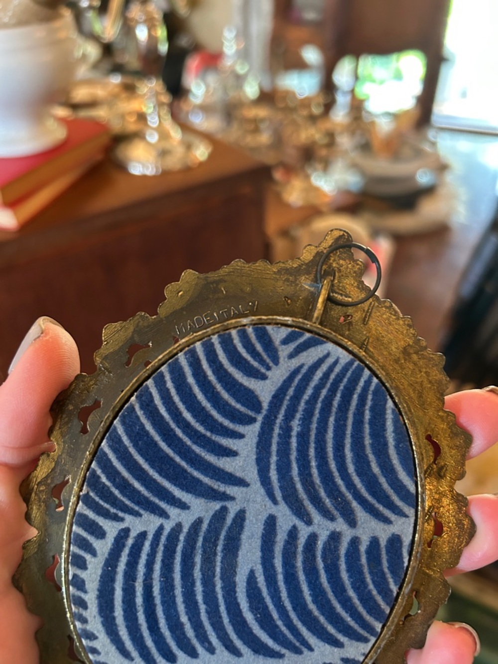Vintage Italian Brass Mini Convex Frame with Moody Floral Print - Picture 3 of 5